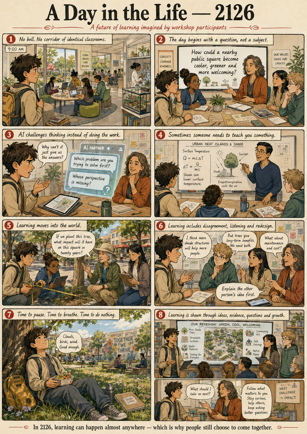 Illustrated scenes from a learner’s day in 2126